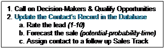 Text Box: 1. Call on Decision-Makers & Qualify Opportunities
2. Update the Contact's Record in the Database
&nbsp;&nbsp;&nbsp;&nbsp;&nbsp; a. Rate the lead (1-10)
&nbsp;&nbsp;&nbsp;&nbsp;&nbsp; b. Forecast the sale (potential-probability-time)
&nbsp;&nbsp;&nbsp;&nbsp;&nbsp; c. Assign contact to a follow up Sales Track
&nbsp;
&nbsp;
